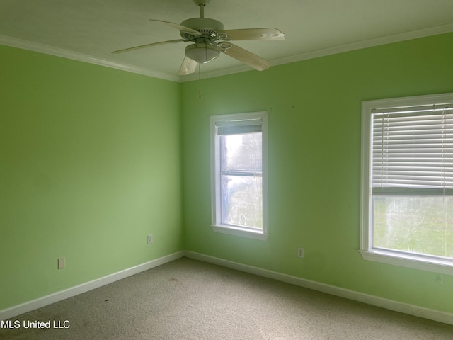 spare room with crown molding, carpet, and a healthy amount of sunlight