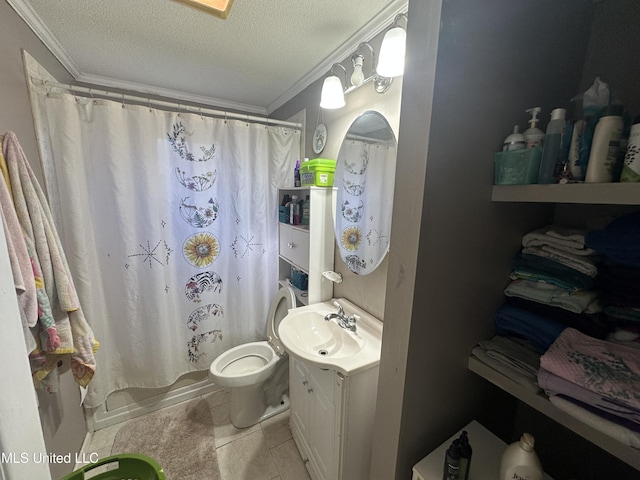 full bathroom featuring vanity, shower / bath combo, toilet, crown molding, and a textured ceiling