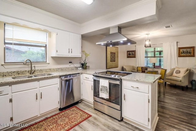 3109 Breezy Hill Ln, Ocean Springs, MS 39564 - kitchen featuring stainless steel appliances, exhaust hood, a peninsula, light wood-style flooring, and a sink
