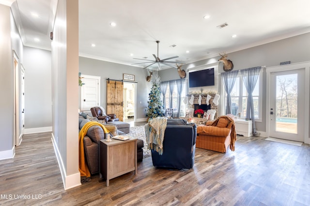 living room with a stone fireplace, ceiling fan, and wood-type flooring