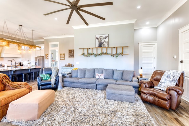 living room featuring ceiling fan, sink, crown molding, and light hardwood / wood-style flooring