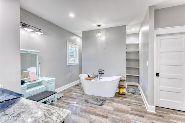 bathroom with hardwood / wood-style flooring and a washtub