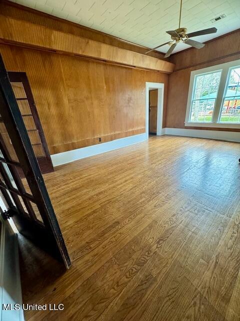 spare room featuring hardwood / wood-style floors, ceiling fan, and wooden walls