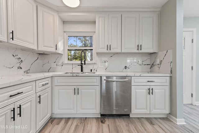 kitchen with white cabinets, decorative backsplash, and dishwasher