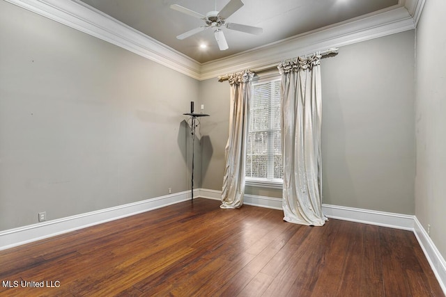 unfurnished room featuring crown molding, dark wood-type flooring, and ceiling fan