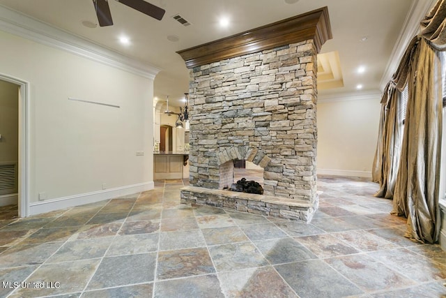 unfurnished living room with crown molding, a fireplace, and ceiling fan