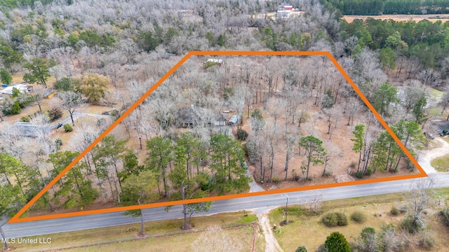 birds eye view of property featuring a forest view