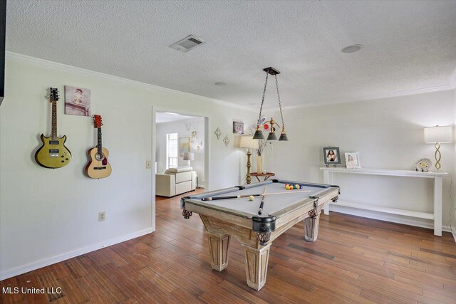 110 Stonington Ct, Brandon, MS 39047 - rec room featuring crown molding, billiards table, a textured ceiling, and wood-type flooring