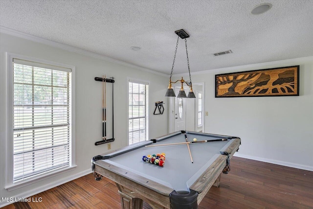 110 Stonington Ct, Brandon, MS 39047 - game room with billiards, wood finished floors, crown molding, and a textured ceiling