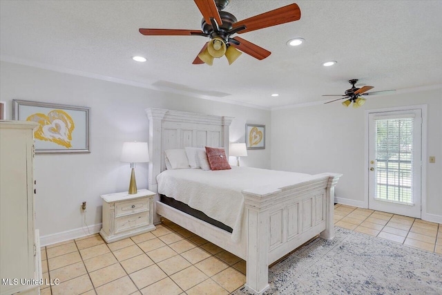 110 Stonington Ct, Brandon, MS 39047 - bedroom with light tile patterned flooring, access to outside, crown molding, recessed lighting, and a textured ceiling