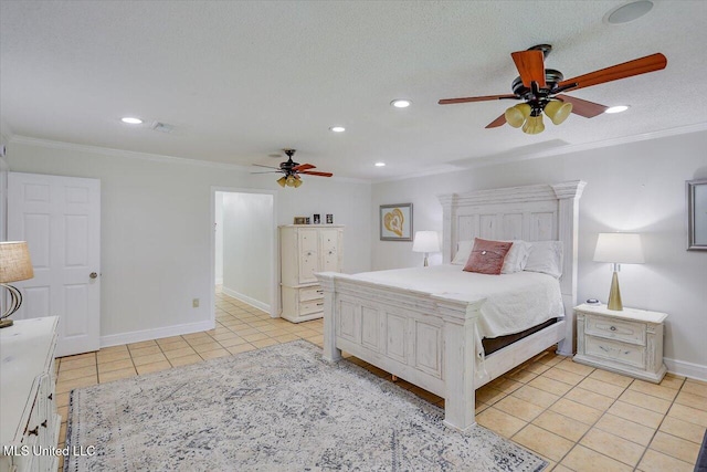 110 Stonington Ct, Brandon, MS 39047 - bedroom featuring light tile patterned floors, recessed lighting, ornamental molding, and ceiling fan
