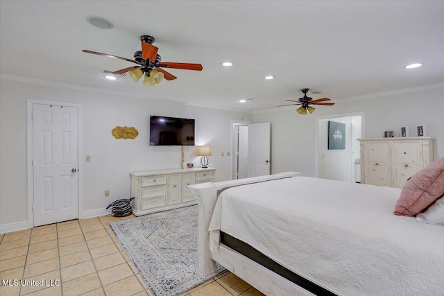 110 Stonington Ct, Brandon, MS 39047 - bedroom featuring crown molding, recessed lighting, light tile patterned floors, and ceiling fan