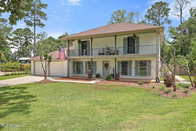 110 Stonington Ct, Brandon, MS 39047 - front facade featuring french doors, a balcony, concrete driveway, a garage, and a porch