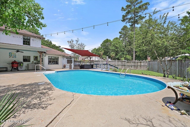 110 Stonington Ct, Brandon, MS 39047 - view of swimming pool with a fenced backyard, a patio area, and a ceiling fan