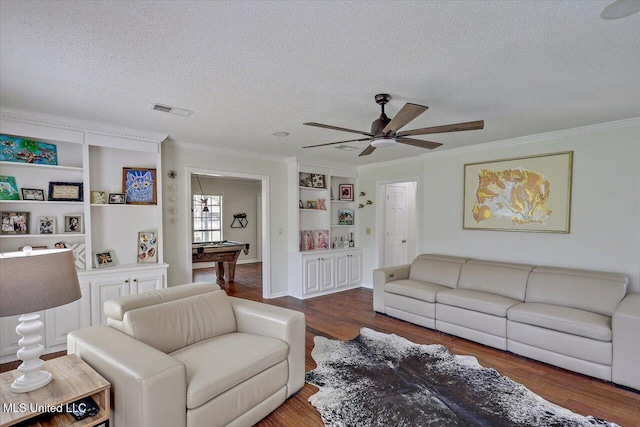 110 Stonington Ct, Brandon, MS 39047 - living room featuring ornamental molding, a textured ceiling, pool table, dark wood finished floors, and a ceiling fan