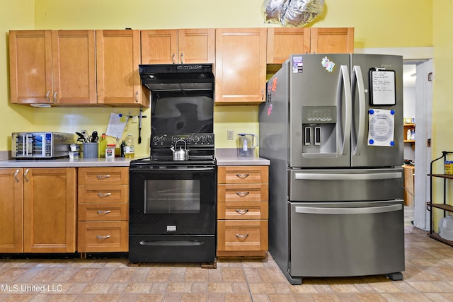 4006 Pine St, Pascagoula, MS 39567 - kitchen featuring stainless steel refrigerator with ice dispenser, electric range, ventilation hood, and light countertops