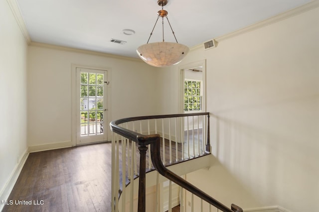 3831 Tyrone Dr, Jackson, MS 39216 - hall with an upstairs landing, wood finished floors, and ornamental molding