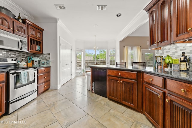 kitchen with tasteful backsplash, appliances with stainless steel finishes, ornamental molding, a notable chandelier, and decorative light fixtures