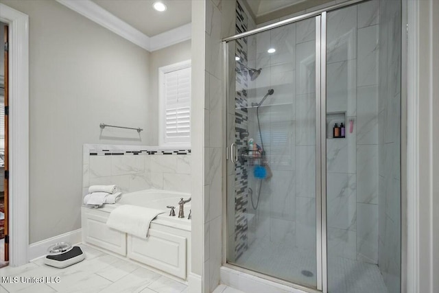 bathroom featuring separate shower and tub and crown molding