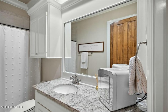 bathroom featuring toilet, vanity, and a shower with shower curtain