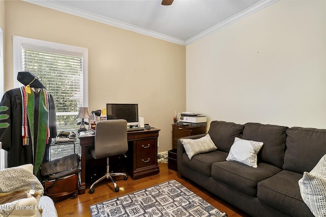 office with ceiling fan, ornamental molding, and wood finished floors