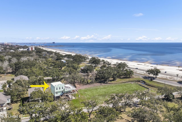 aerial view featuring a beach view and a water view