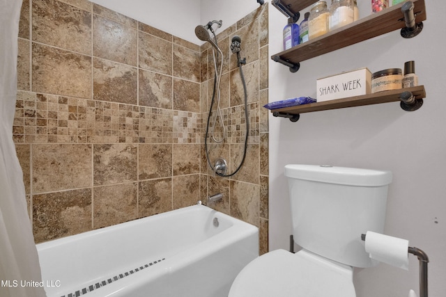 bathroom featuring toilet and shower / tub combo with curtain