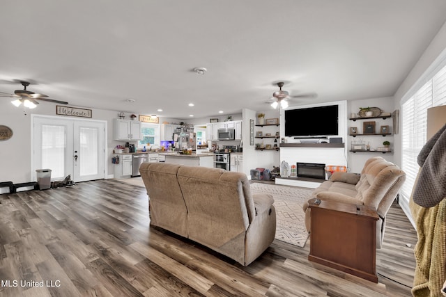 living room with hardwood / wood-style floors, a healthy amount of sunlight, and ceiling fan