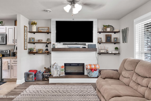 living room featuring light hardwood / wood-style floors and ceiling fan