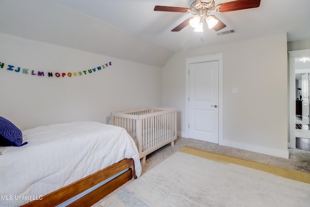 bedroom with baseboards, visible vents, a ceiling fan, and carpet flooring