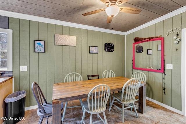 dining space featuring baseboards, ornamental molding, and a ceiling fan