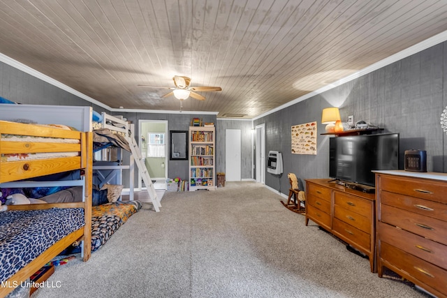 bedroom with heating unit, wood ceiling, carpet floors, and ornamental molding