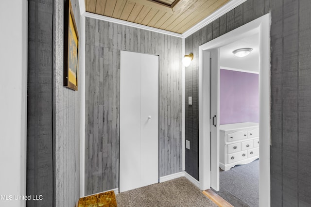 hallway featuring carpet floors and crown molding