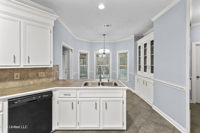 kitchen featuring kitchen peninsula, white cabinets, crown molding, sink, and dishwasher