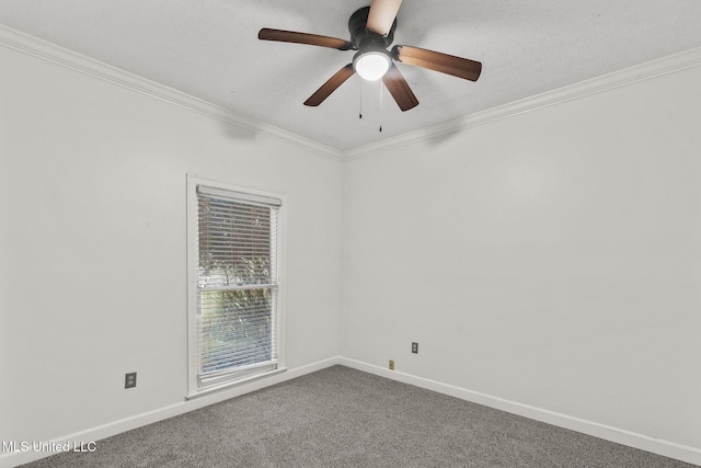 carpeted spare room with a textured ceiling, ceiling fan, and crown molding