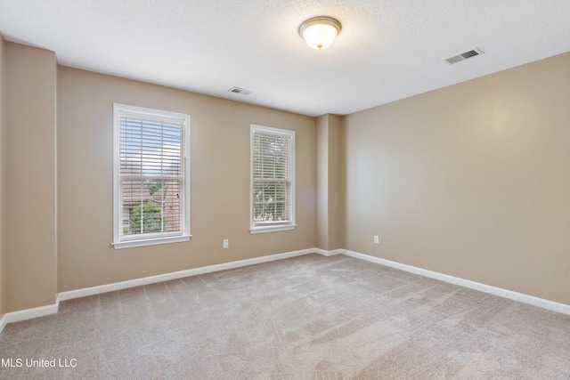 unfurnished room with light carpet and a textured ceiling