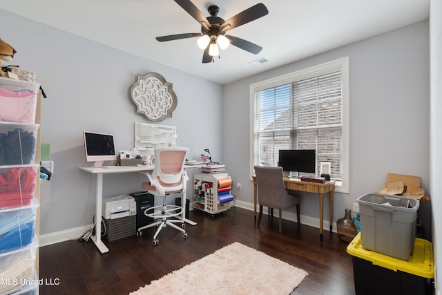 office area featuring ceiling fan and dark wood-type flooring