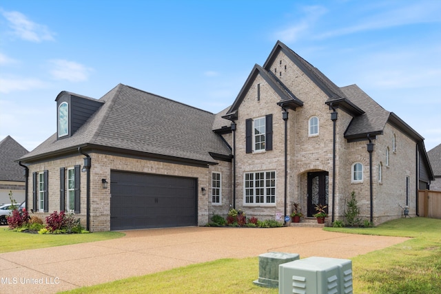 french provincial home featuring a garage and a front lawn