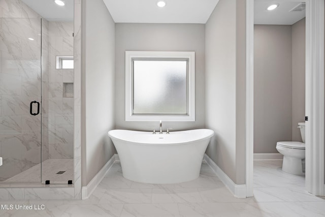 2115 Livingston Way, Hernando, MS 38632 - bathroom featuring marble finish floors, baseboards, toilet, a marble finish shower, and a soaking tub