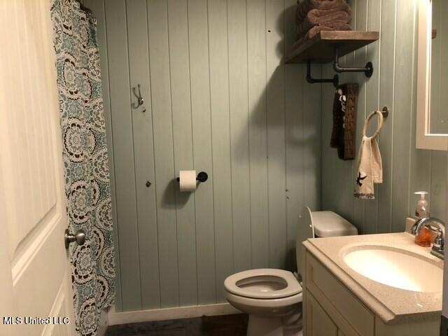 bathroom with toilet, vanity, and wooden walls