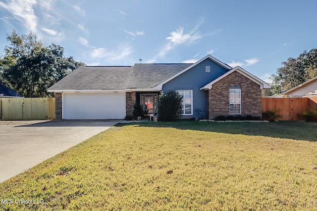 ranch-style home featuring a front yard and a garage