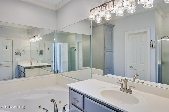 full bathroom with a tub with jets, a sink, two vanities, and crown molding