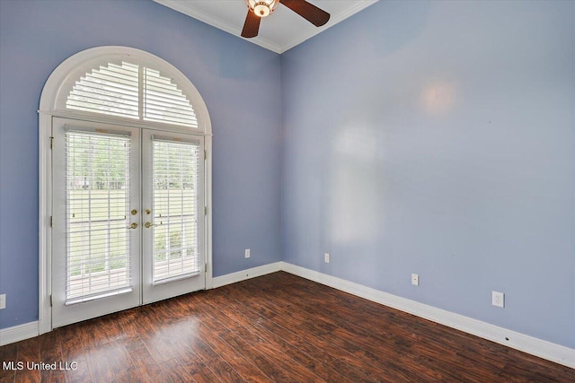 unfurnished room featuring baseboards, french doors, wood finished floors, and ornamental molding