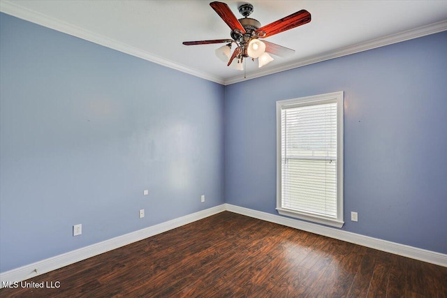 unfurnished room featuring ceiling fan, baseboards, crown molding, and dark wood-type flooring