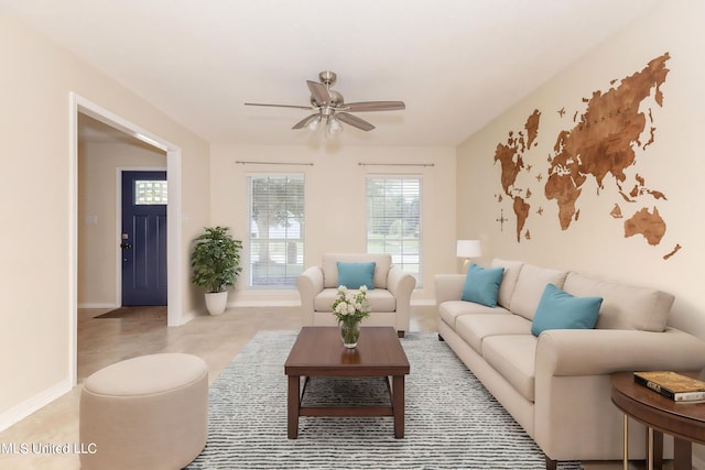 living room with ceiling fan