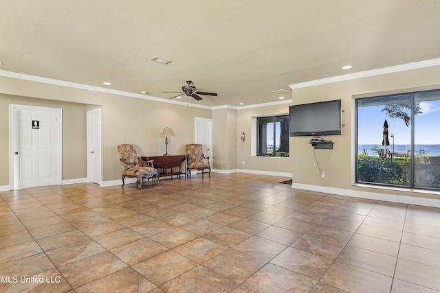 527 Front Beach Dr Unit 17, Ocean Springs, MS 39564 - sitting room with light tile patterned floors, baseboards, ceiling fan, recessed lighting, and ornamental molding