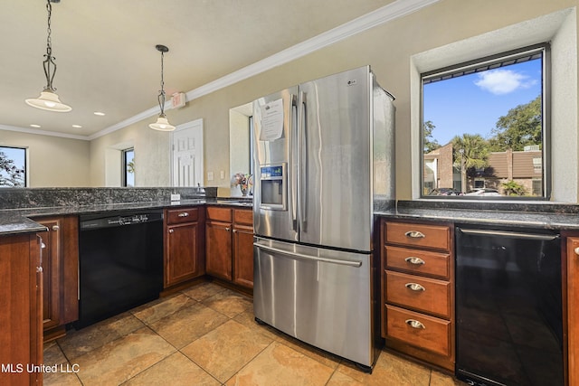 527 Front Beach Dr Unit 17, Ocean Springs, MS 39564 - kitchen featuring stainless steel refrigerator with ice dispenser, black dishwasher, ornamental molding, decorative light fixtures, and dark stone counters