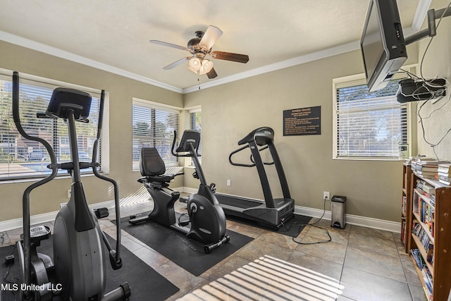 527 Front Beach Dr Unit 17, Ocean Springs, MS 39564 - exercise area with a ceiling fan, baseboards, and ornamental molding