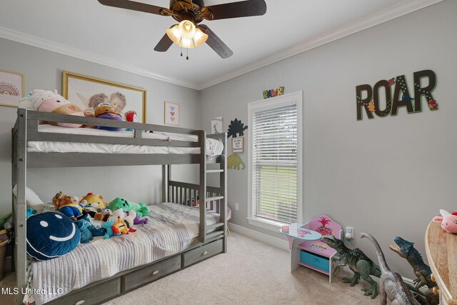446 Newman Camp Rd, Sumrall, MS 39482 - bedroom featuring carpet, crown molding, baseboards, and ceiling fan