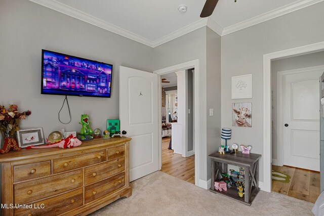 446 Newman Camp Rd, Sumrall, MS 39482 - carpeted bedroom featuring ornamental molding, baseboards, and a ceiling fan